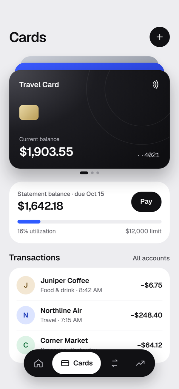 Cards screen: a card stack, statement balance due Oct 15, and recent transactions