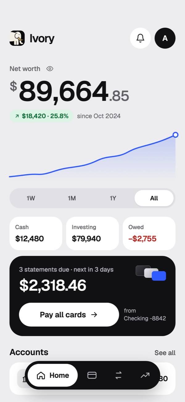 Ivory home screen: net worth of $89,664.85, up $18,420 since October 2024, with the full two-year chart